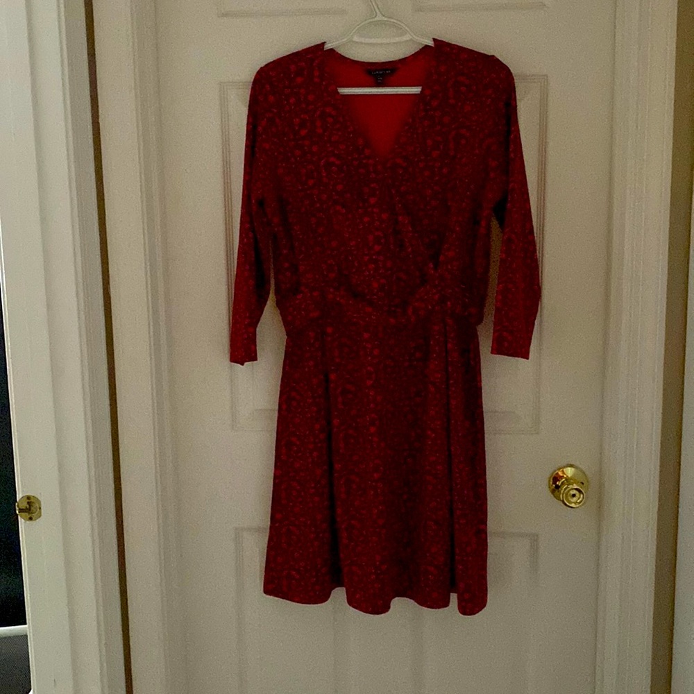 Lands End red dress. Beautiful jersey knit fabric faux wrap / belt style.